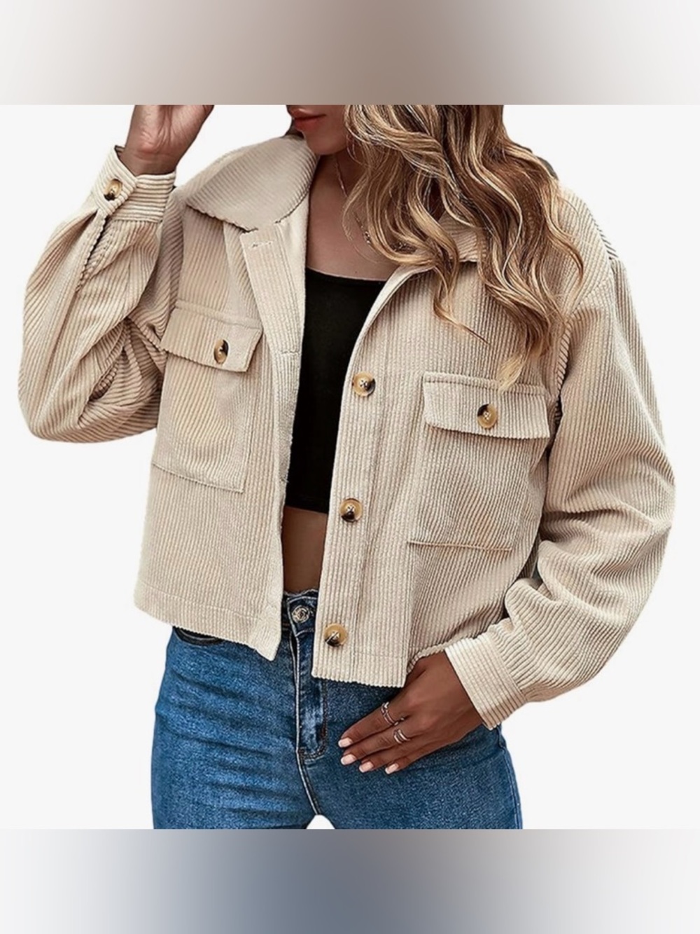 Women’S Beige Corduroy Button-Front Cropped Jacket
